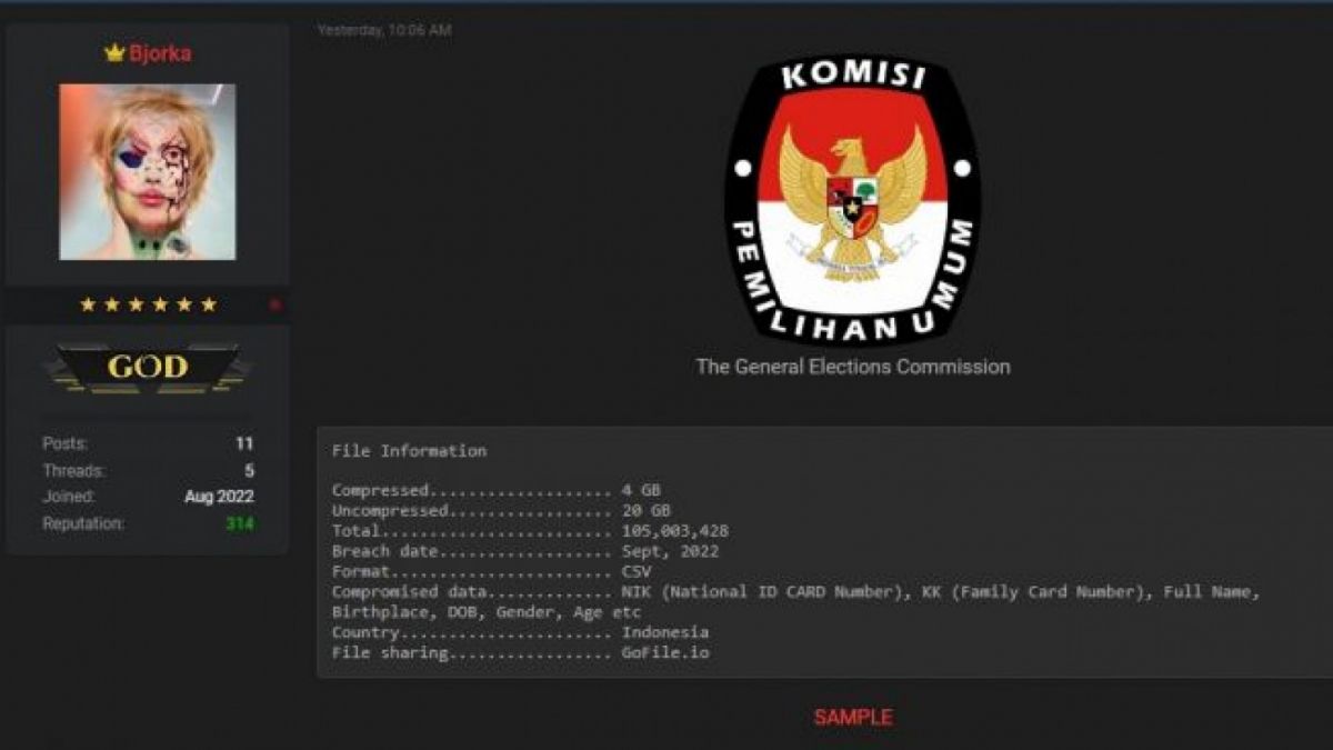 Kebocoran data penduduk dari KPU disebar oleh Bjorka. [Tangkapan layar/breached.to]