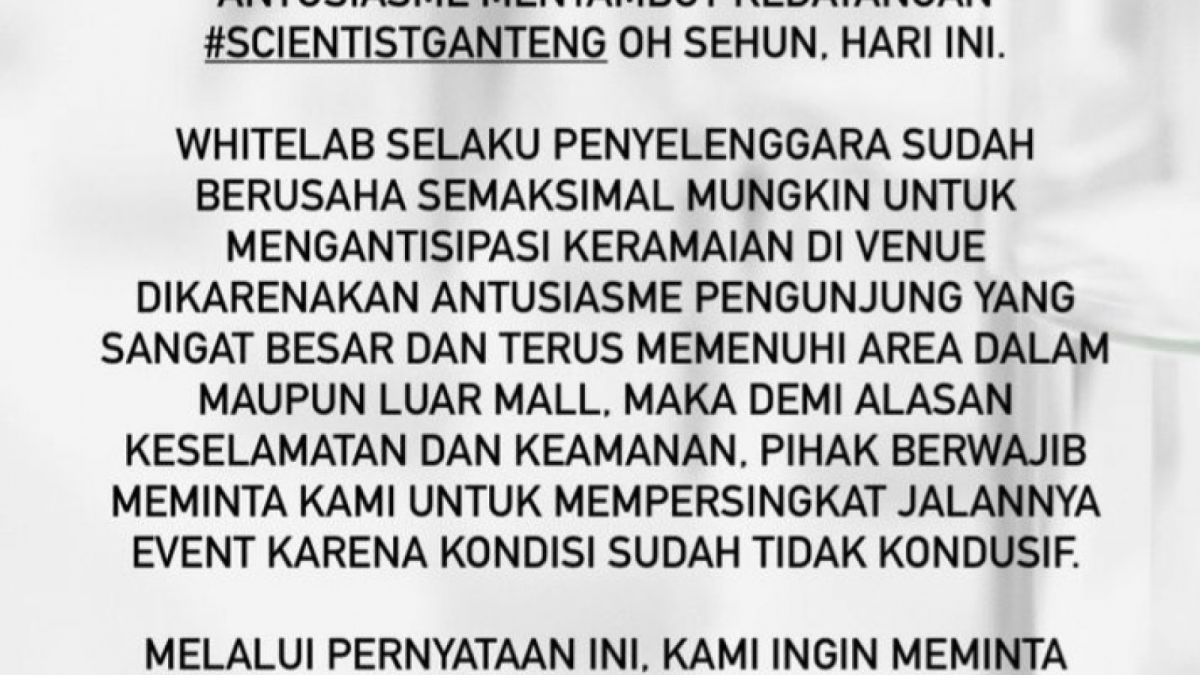 Pemberitahuan pembatalan Fanmeeting Sehun oleh Whitelab Indonesia [instagram.com/whitelab_id]