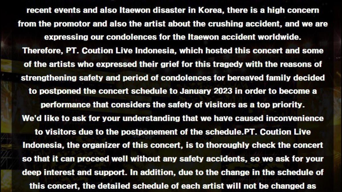 Pemberitahuan mengenai batalnya konser We All Are One K-Pop melalui twitter [twitter.com/redangelkorea]