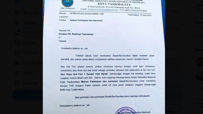 Isi Surat Kepala Bnn Tasikmalaya Minta Thr Ke Po Budiman Mohon Partisipasi Dan Apresiasi Bapak 