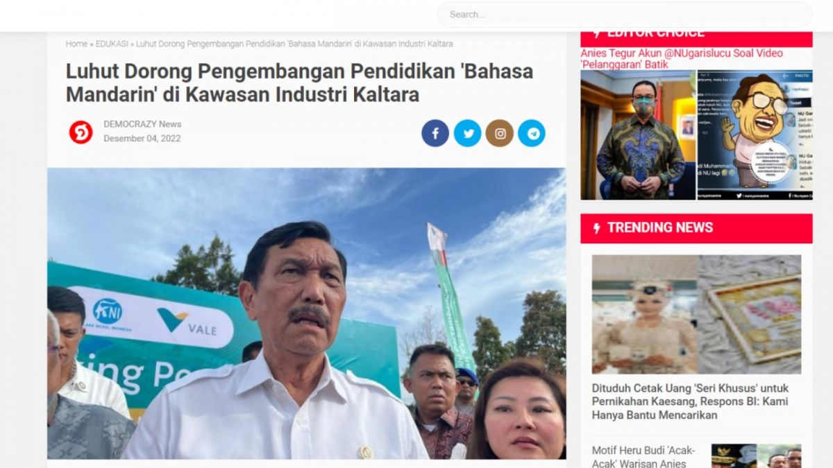 Potongan artikel yang dimanipulasi soal pemberitaan Luhut [Turnbackhoax.id]