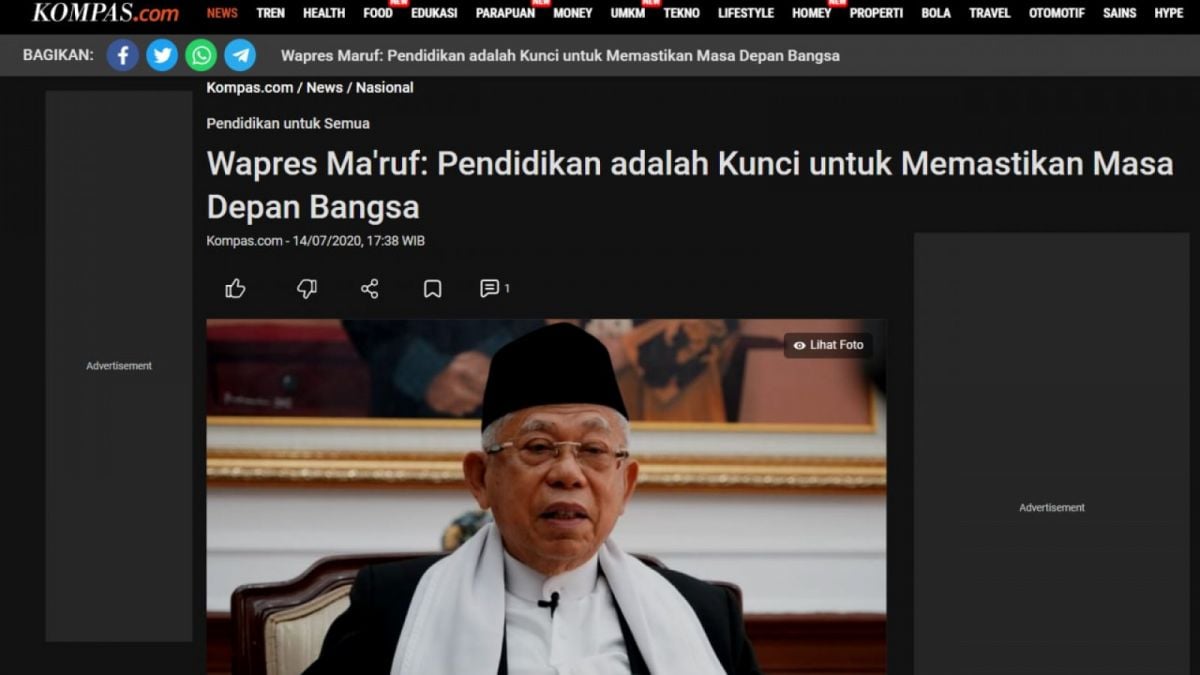 Tangkapan artikel asli Kompas tentang pemberitaan Wapres Maruf Amin [Turnbackhoax.id]