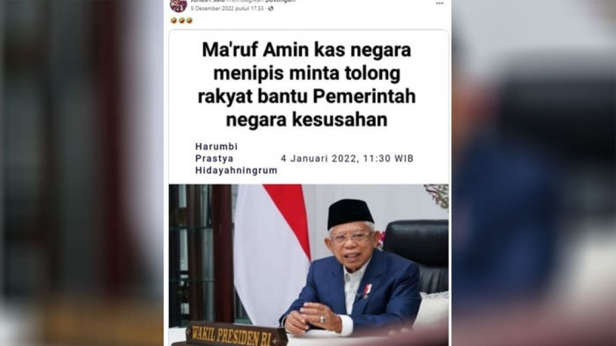 Tangkapan layar unggahan dengan klaim Maruf Amin minta masyarakat bantu kas negara. [Facebook/Junasri Said]