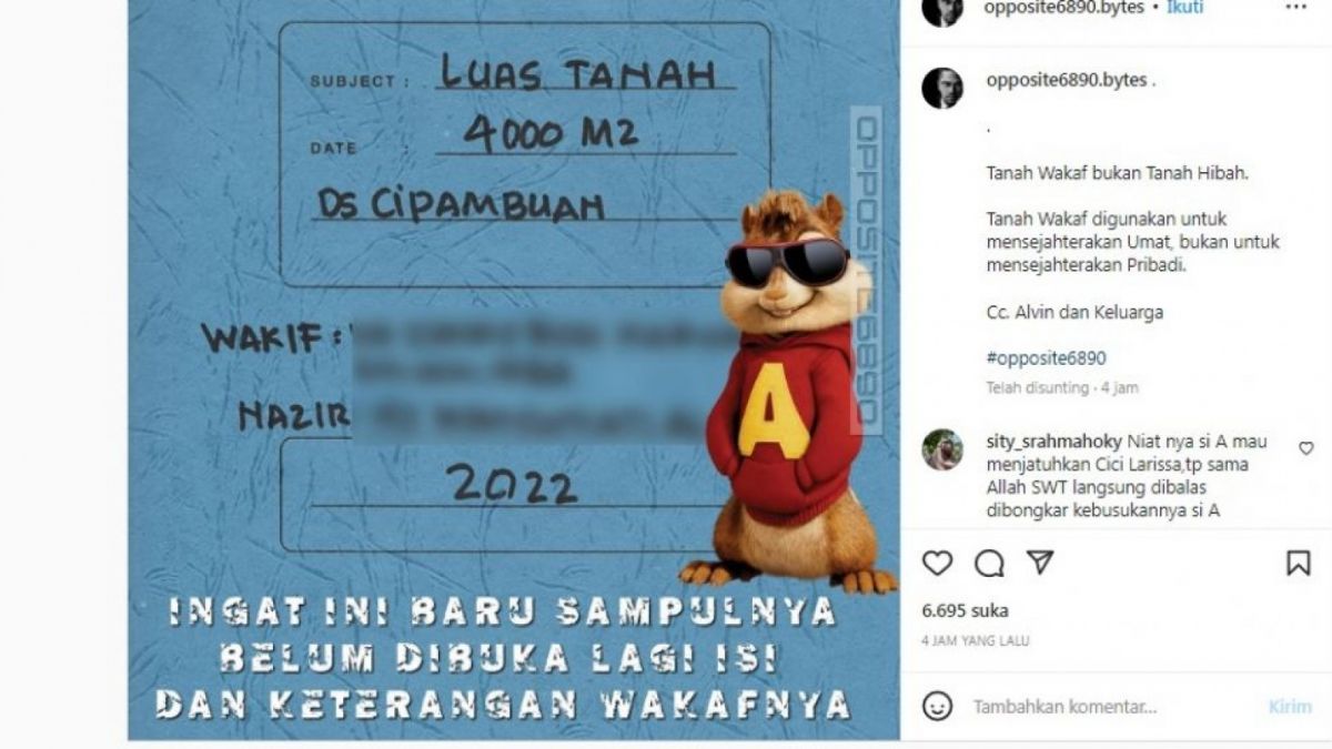Unggahan akun @opposite6890.bytes terkait dugaan Alvin Faiz jual tanah wakaf. [Suara.com]