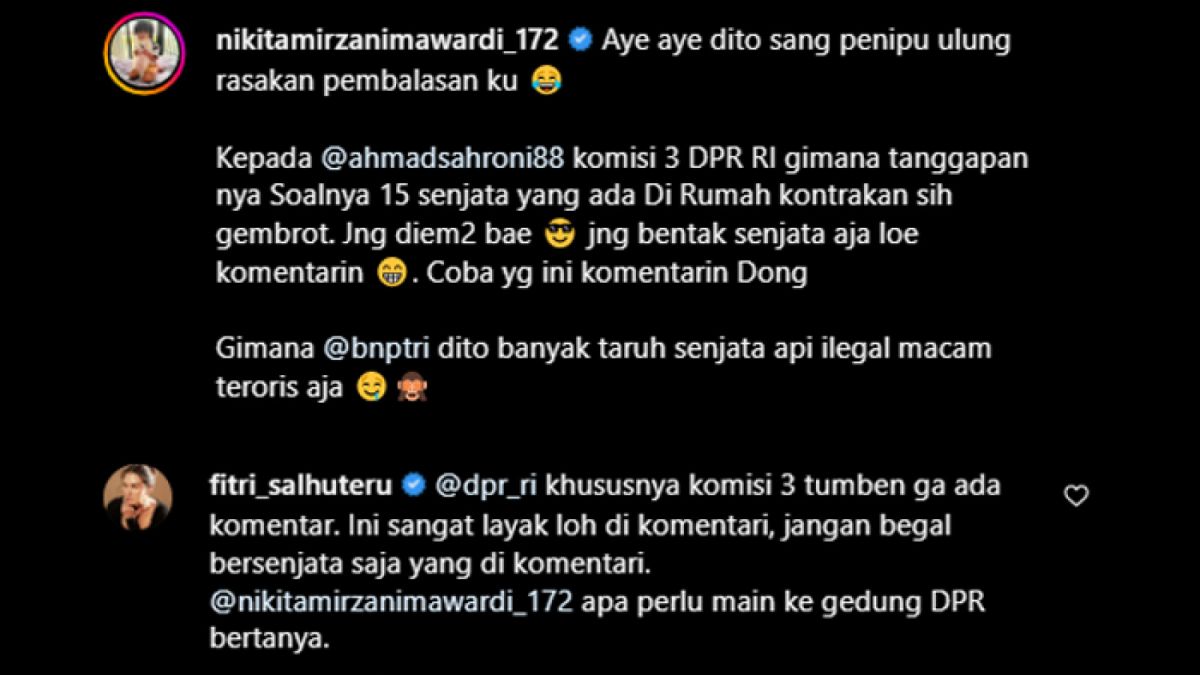 Tangkapan layar Nikita Mirzani soal temuan 15 pucuk senjata api saat KPK menggeledah di rumah Dito Mahendra di kawasan Jakarta Selatan. [Instagramn @nikitamirzanimawardi_172]