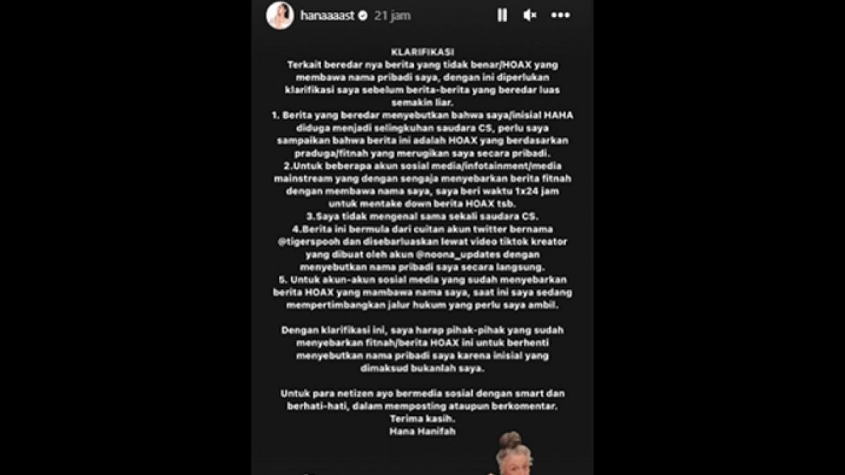 Klarifikasi Hana Hanifah yang dituding jadi selingkuhan aktor CS [Instagram Story @hanaaast]