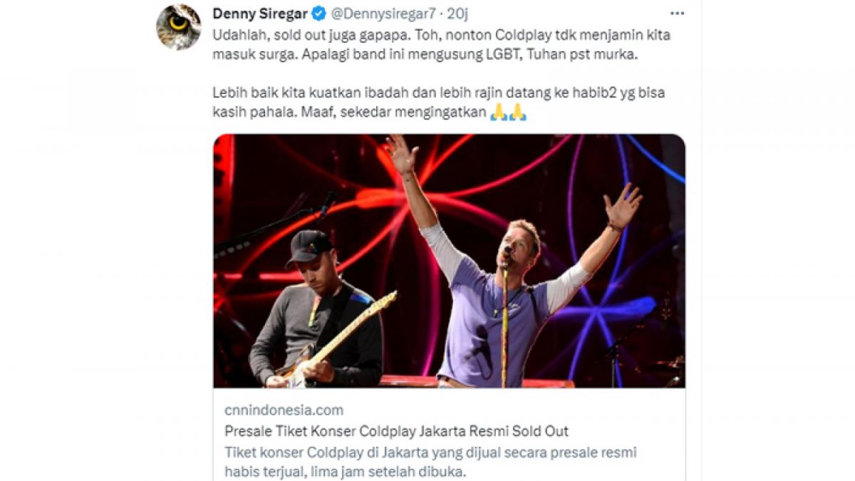 Tangkapan layar Denny Siregar soal Coldplay. [Twitter]