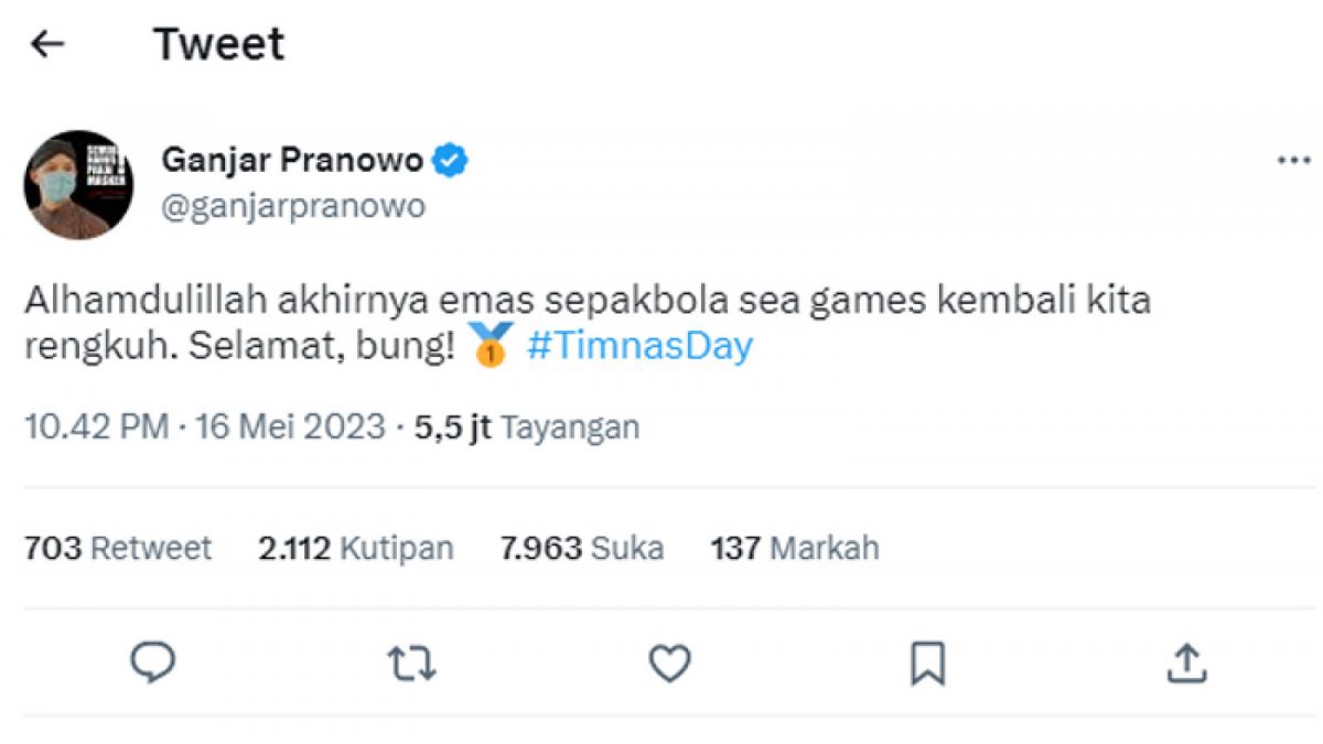 Ganjar Pranowo Ucapkan Selamat ke Timnas Indonesia U-22. [Twitter @ganjarpranowo]