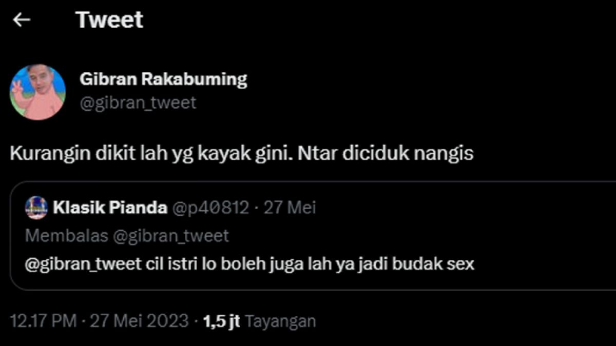Balasan cuitan Girban Rakabuming terhadap akun yang melecehkan istrinya. [Twitter @gibran_tweet]