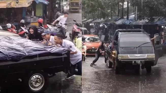 Aksi Spontan Lima Pelajar Dorong Mobil Pikap Mogok saat Hujan Tuai Pujian