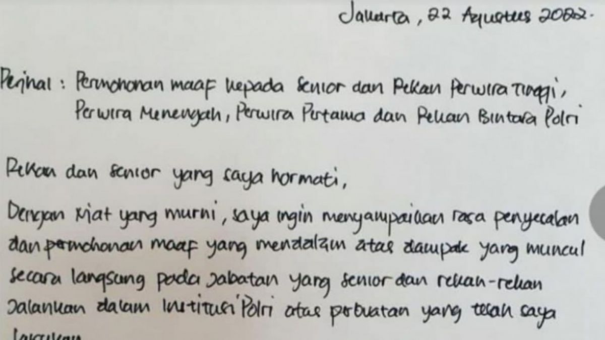Surat permintaan maaf Ferdy Sambo ke para seniornya di Mabes Polri. (ist)