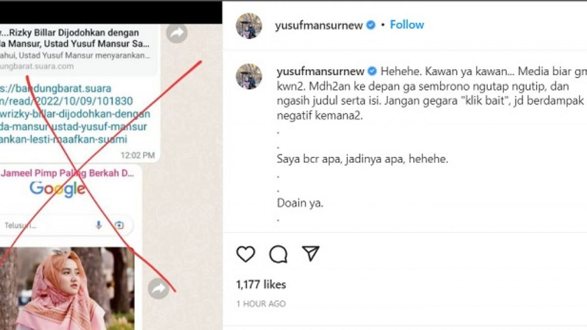Ustaz Yusuf Mansur sebut hoax media yang memberitakan perjodohan putrinya, Wilda Mansur dengan Rizky Billar [Tangkap layar Instagram @yusufmansurnew]
