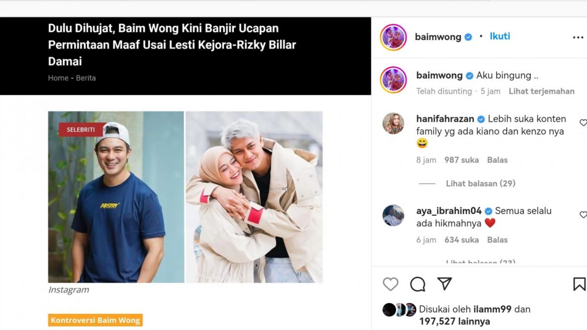 Tangkapan layar Instagram Baim Wong