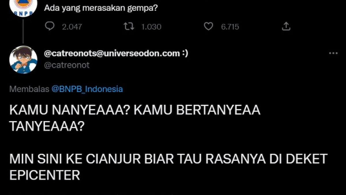 Tangkap layar cuitan akun Twitter @BNPB_Indonesia, yang dikomentari unik oleh akun @catreonot. [Twitter]