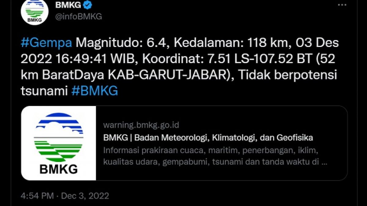 Informasi gempa terkini magnitudo 6,4 kabupaten garut. [Twitter @InfoBMKG]