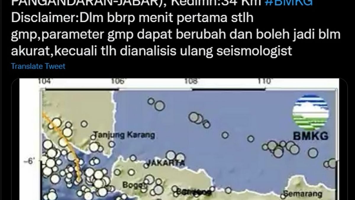 Informasi gempa bumi hari ini mengguncang Kabupaten Pangandaran dengan magnitudo 4.0. [Twitter @InfoBMKG]