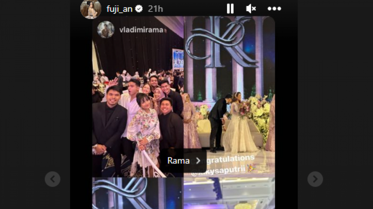 Kebersamaan Fuji dengan rekan artis dan Thariq Halilintar di pernikahan Kiki Saputri. [Sumber : Instgram @fuji_an.]