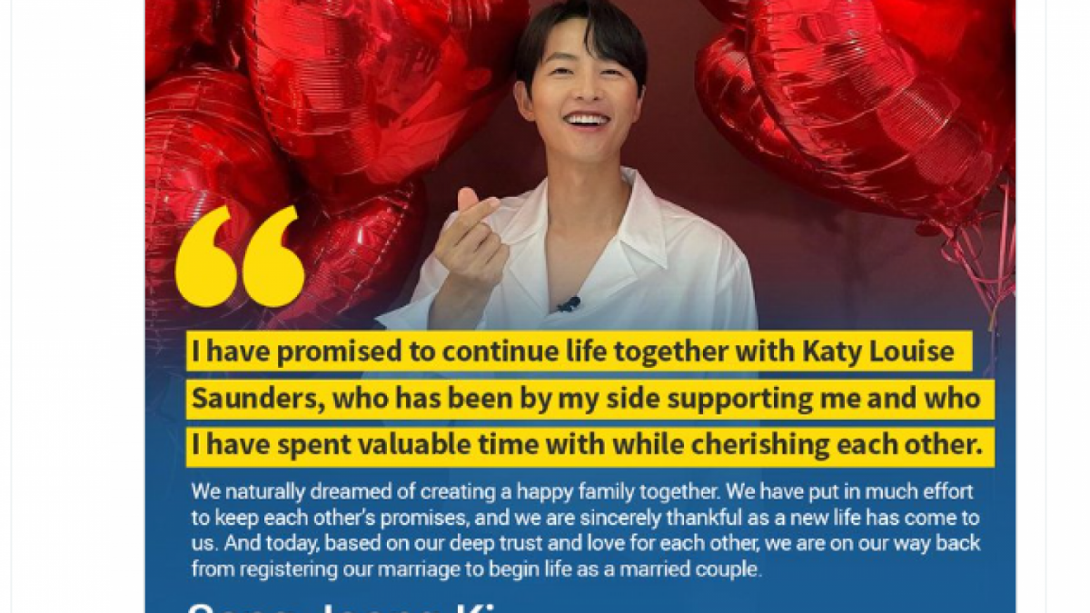 Kutipan pengumuman dari Song Joong Ki soal Pernikahannya dengan Katy Louise Saunders [Twitter]