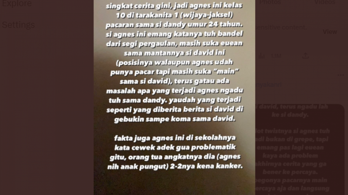 Tangkap Layar Twitter diduga story teman Agnes pacar Mario Dandy yang telah melakukan penganiayaan pada David [Twitter]