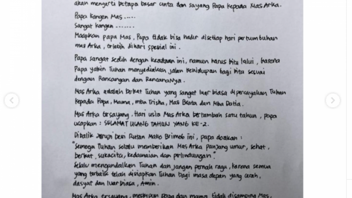 Surat Ferdy Sambo untuk Anak Bungsunya Arka [Tangkap Layar Instagram @trishaeas]