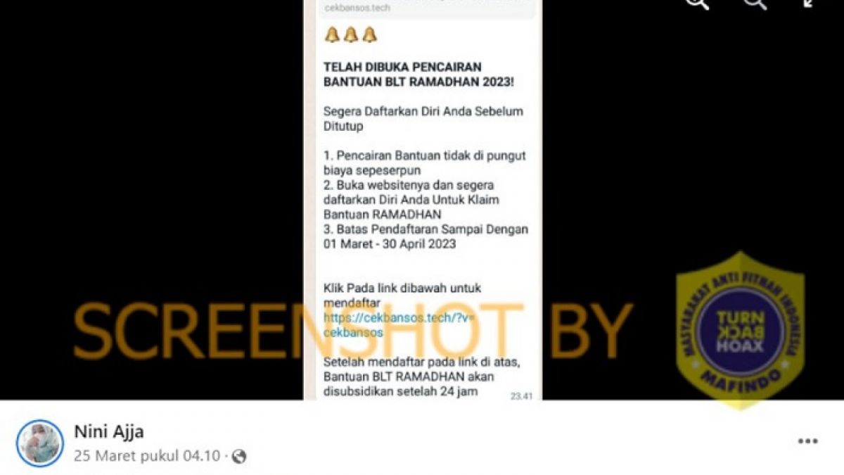 Tangkap layar informasi pencairan BLT Ramadhan 2023, yang ternyata informasi palsu dan disebut hoaks oleh Kemensos RI. [Turn Back Hoax.]