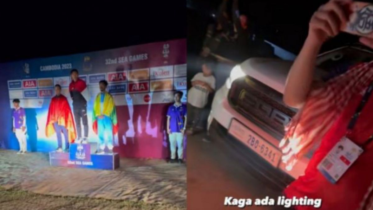 Penenrangan podium SEA Games pakai lampu mobil [Suara.com/@bungabdur]