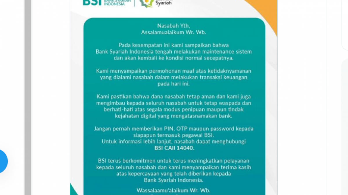 Pengumuman Resmi dari BSI, terkait Aplikasi BSI yang Error [Tangkap Layar di Twitter]
