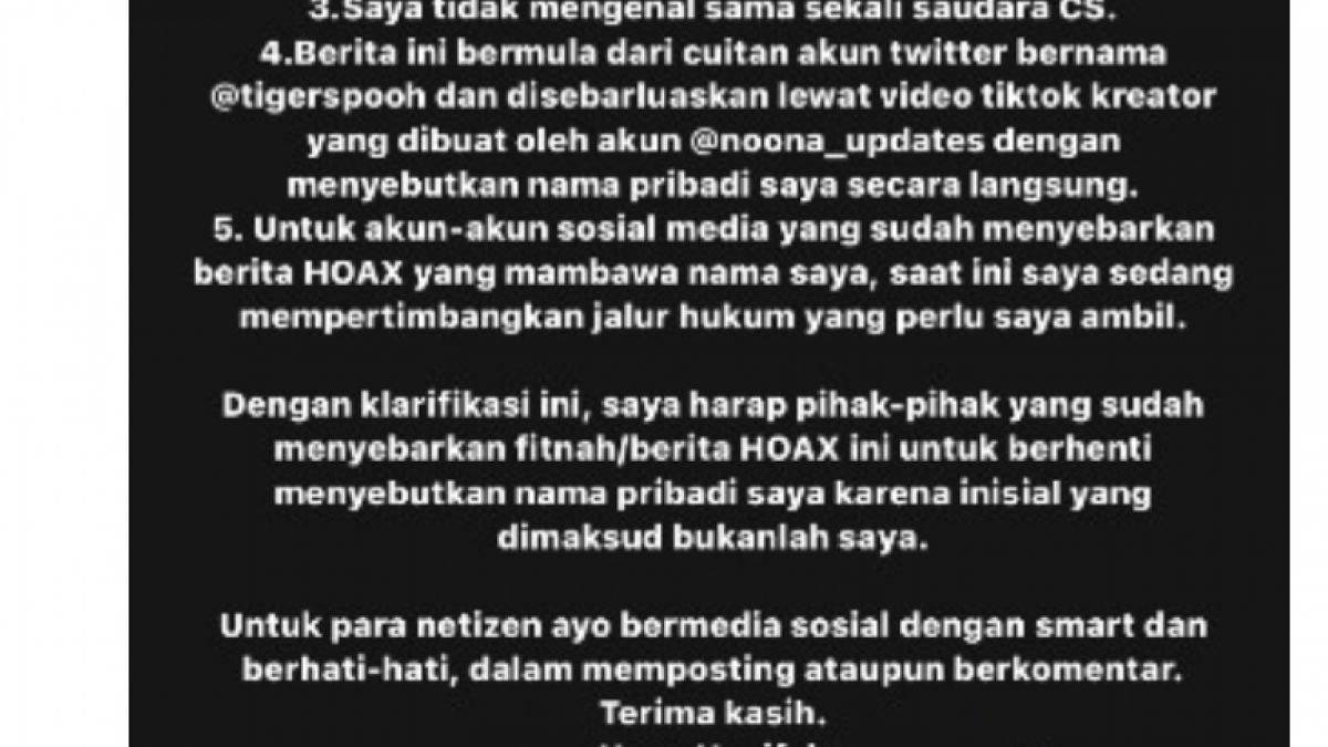 Klarifikasi Hana Hanifah [Tangkap Layar Instagram]