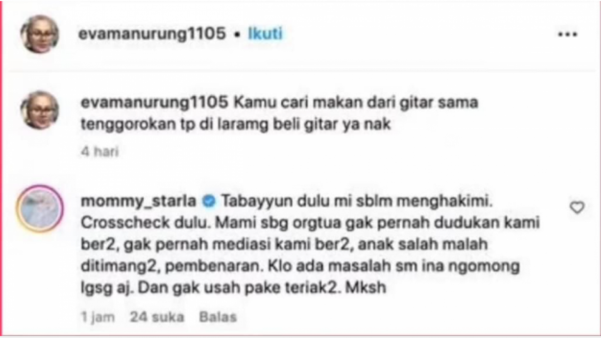 Inara Rusli berikan komentar pada postingan Eva Manurung (Ibu Virgoun) [Tangkap Layar Instagram]