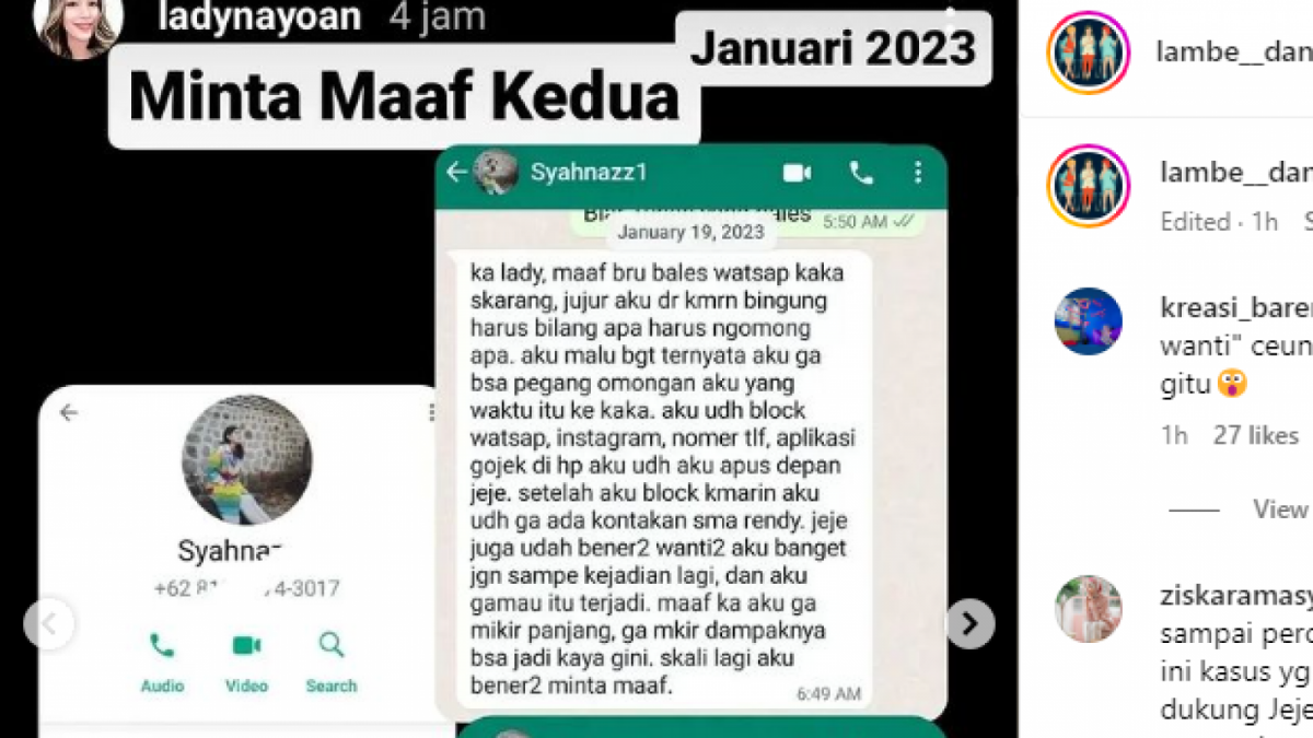 Isi chat Syahnaz Sadiqah minta maaf pada Lady Veronica karena telah selingkuh dengan Rendy Kjaernett [Tangkap Layar Instagram]