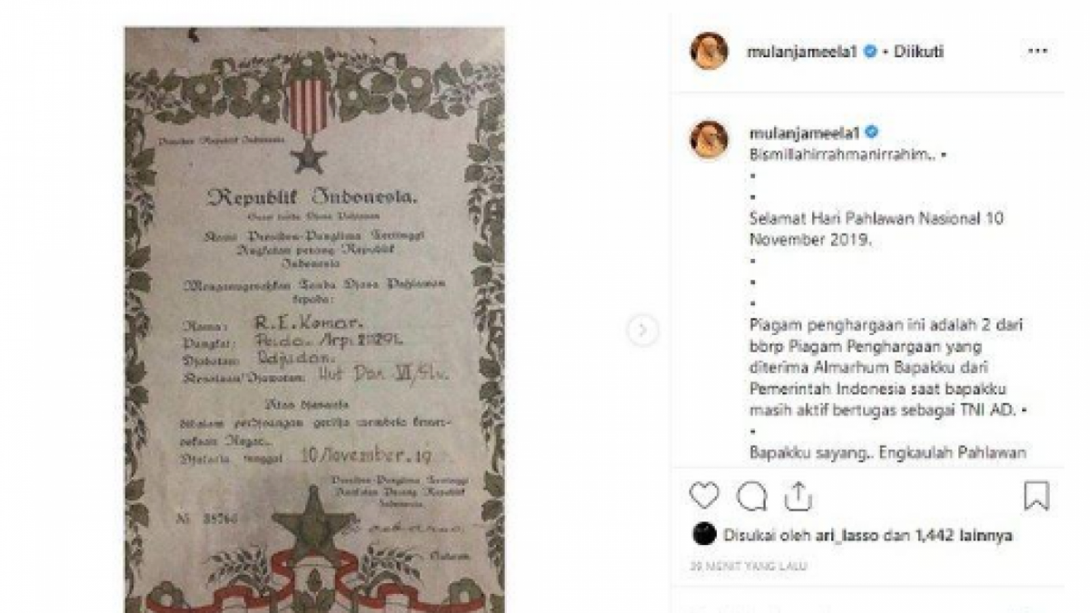 Piagam Ayah Mulan Jameela, sebagai Pahlawan Indonesia [Tangkap Layar Indonesia]