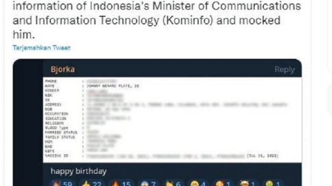 Hacker Bjorka Sebar Data Kominfo, Warganet Serbu Nama Kontak Johnny G Plate
