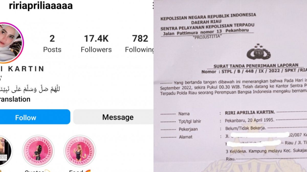 Akun Instagram Riri Aprilia, dan Foto Surat Laporan Penganiayaan ke Kepolisian Setempat [Instagram]