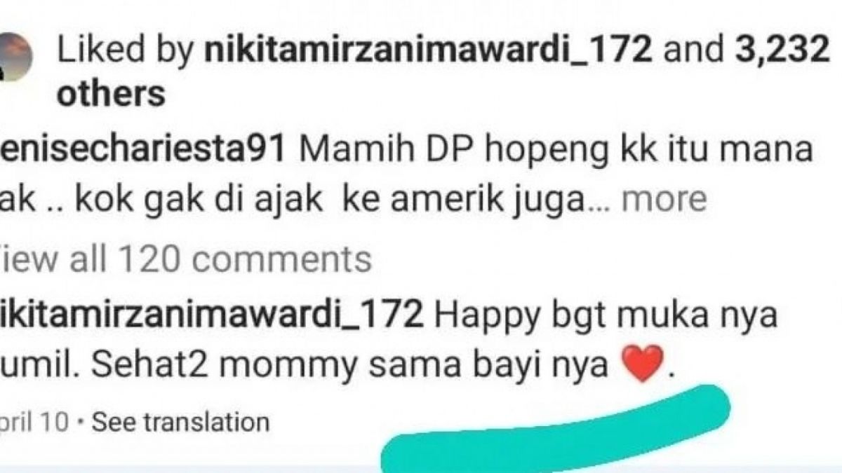 Komentar Nikita Mirzani di foto Denise Chariesta bulan April 2022. [Instagram]