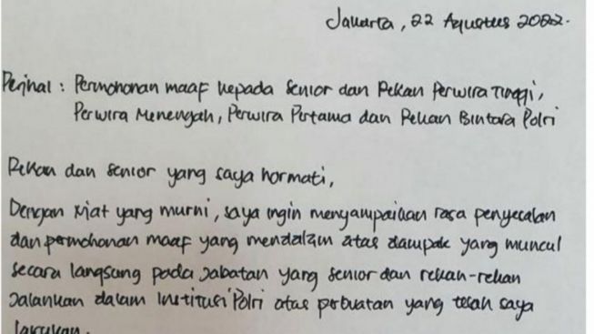 TRENDING: (RESMI) Surat Tulisan Tangan Ferdy Sambo, Permohonan Maaf Dilengkapi Tanda Tangan di Materai