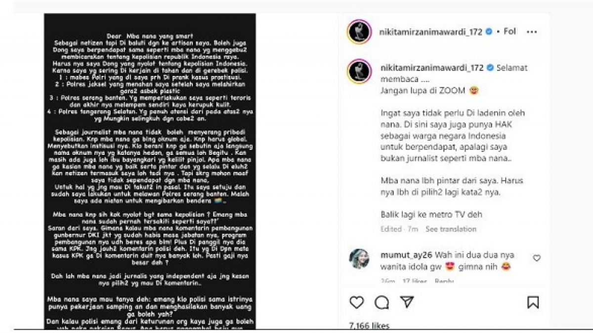 tangkap layar Nikita Mirzani ajari Najwa Shihab. [Instagram.com/@nikitamirzanimawardi_172]