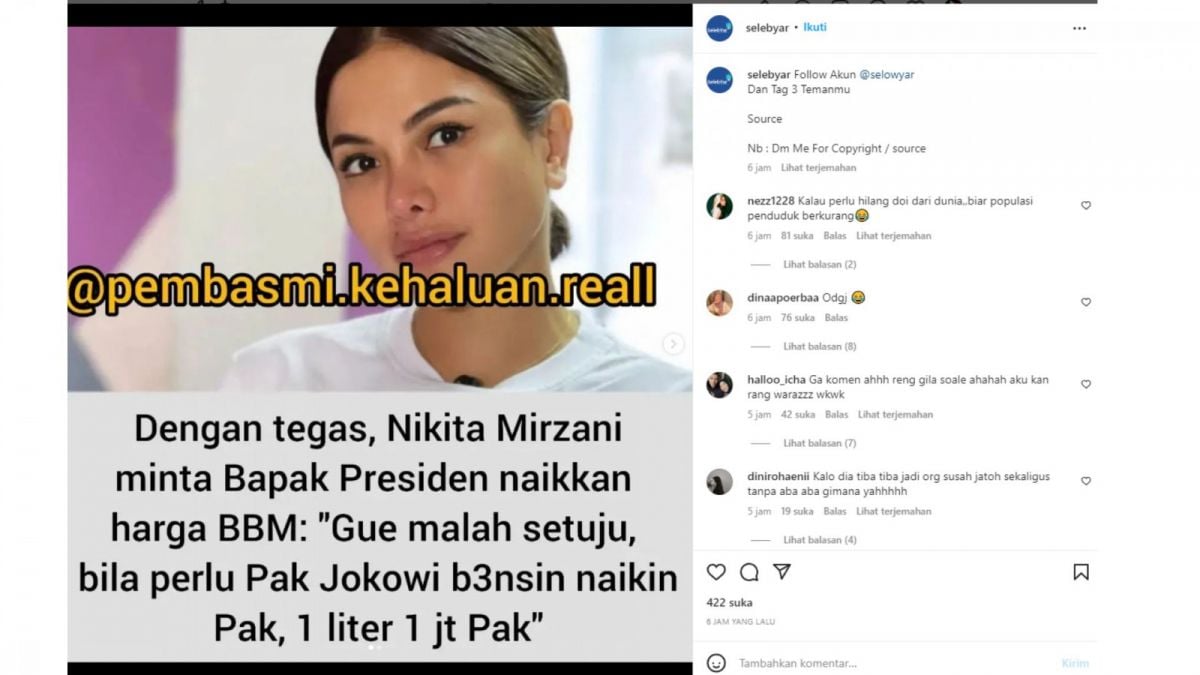 tangkapan layar komentar video Nikita Mirzani [Instagram/@selebyar]
