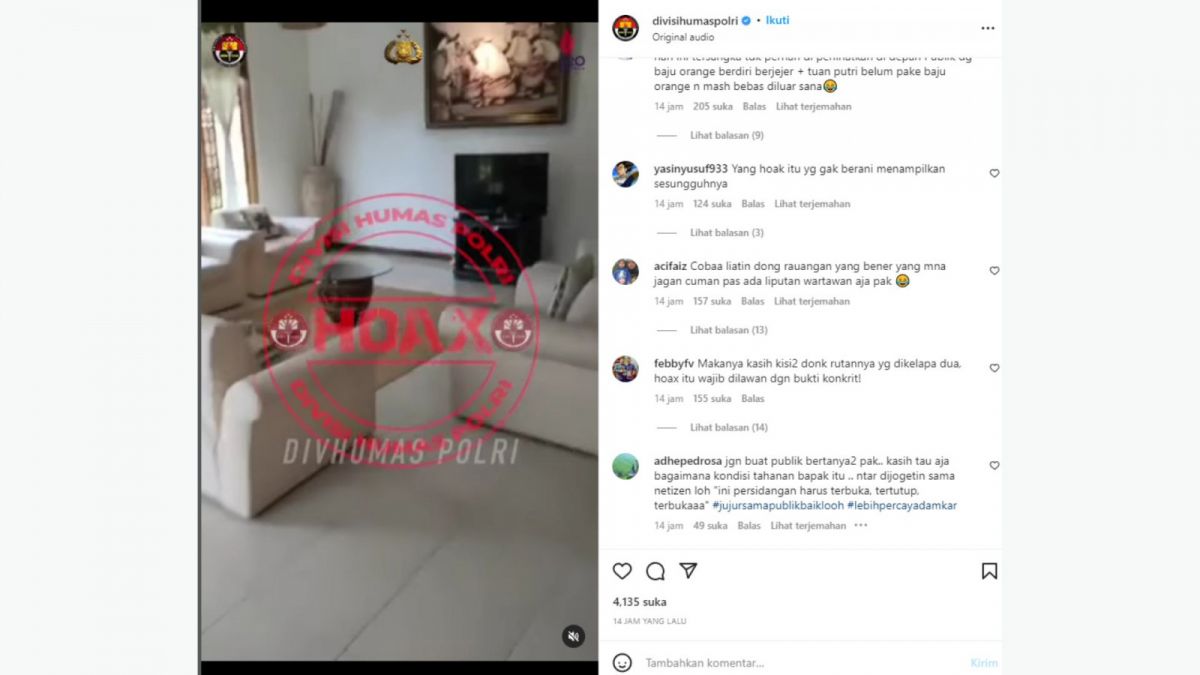 Komentar netizen terkait klarifikasi video hoax sel mewah Ferdy Sambo. [Instagram/@divisihumaspolri]