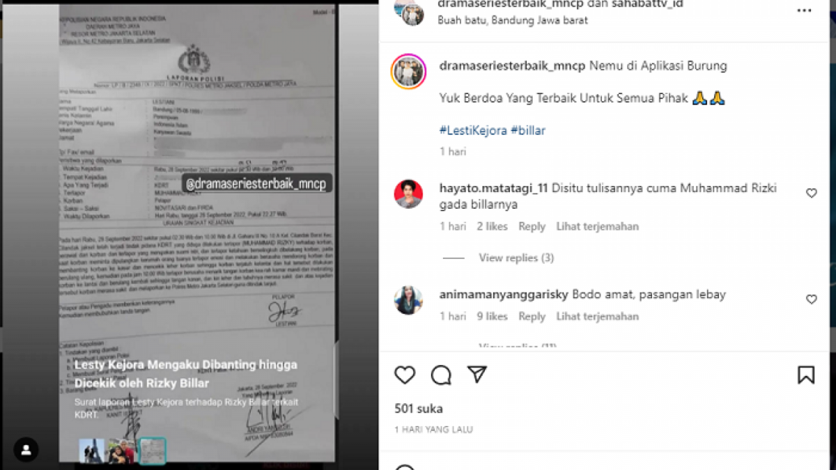 Laporan polisi Lesti Kejora terhadap Rizky Billar [Instagram @dramaseriesterbaik_mncp]