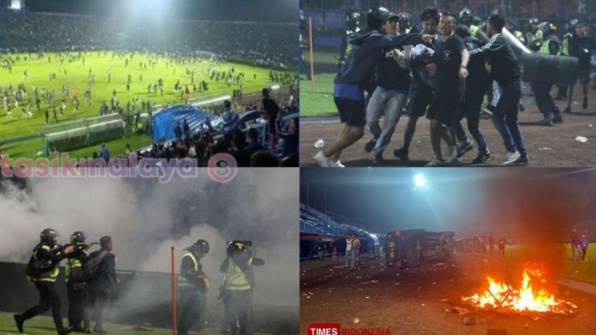 Kolase foto kerusuhan di Stadion Kanjuruhan usai pertandingan Arema vs Persebaya. [antara/times indonesia/twitter]