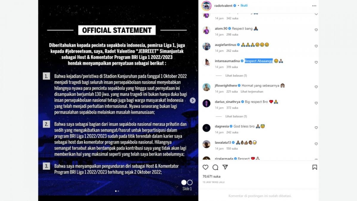 Tangkapan layar postingan pernyataan Valentino 'Jebreet' Simanjuntak di Instagram resminya. [Instagram/@radotvalent]