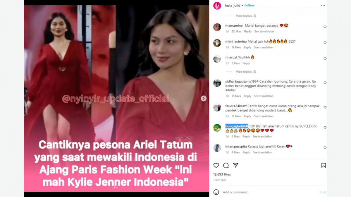 Tangkapan layar Instagram video viral Ariel Tatum tampil di Paris Fashion Week yang tuai banyak pujian warganet. [instagram/@insta_julid]