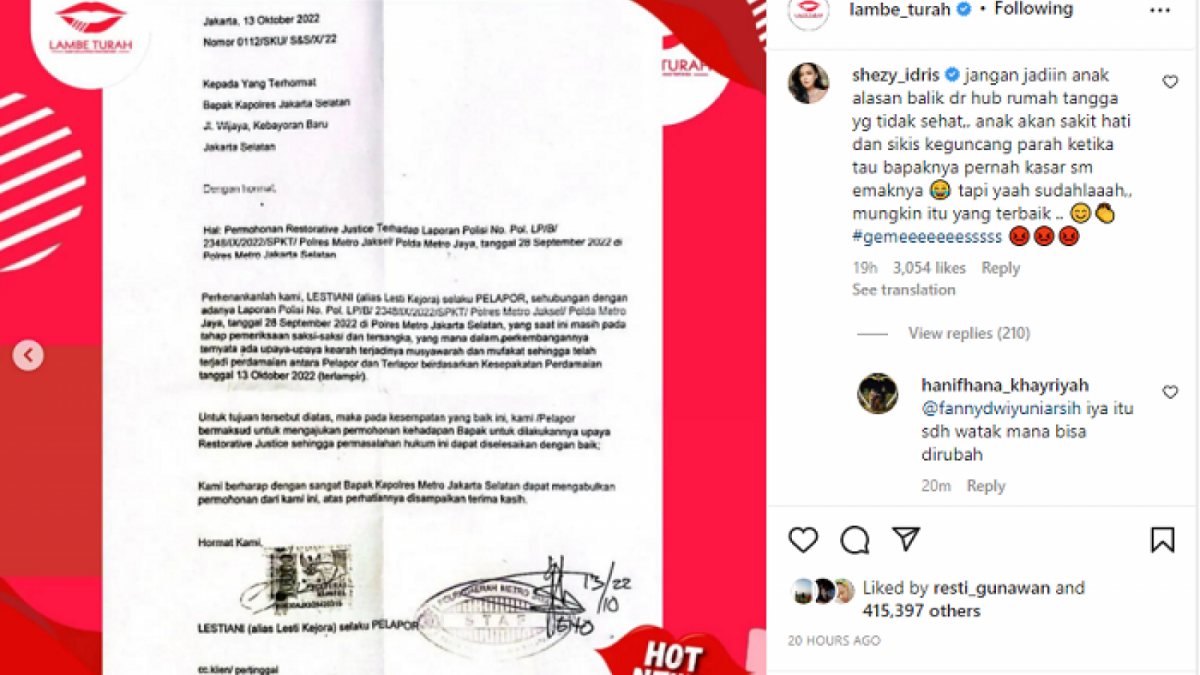 Tangkapan layar komentar Shezy Idris atas keputusan Lesti Kejora mencabut laporan polisi terhadap Rizky Billar [Instagram @lambe_turah]
