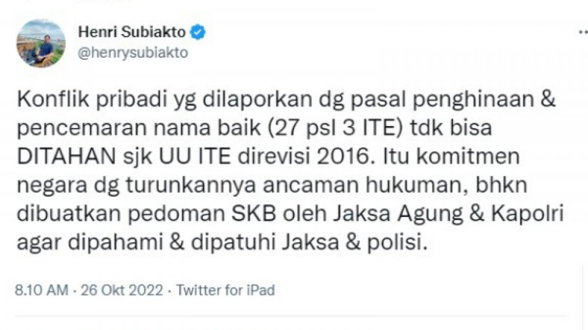 Pernyataan Henry Subiakto yang menyebut Nikita Mirzani tidak bisa ditahan(Twitter/@henrysubiakto) [Twitter/@henrysubiakto]