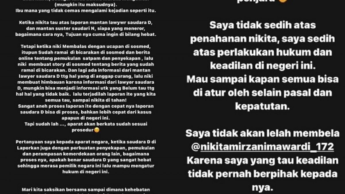 Tangkapan layar Insta Story Ferdinand Hutahaean atas kasus yang menjerat Nikita Mirzani [Instagram @ferdinand_hutahaean]
