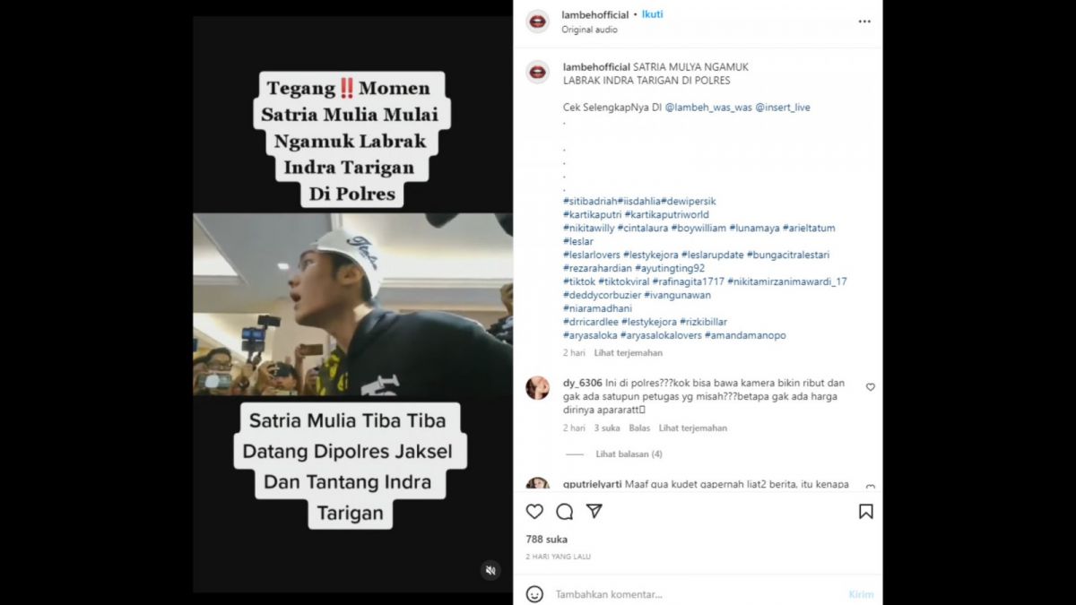 Tangkapan layar situasi Satri Mulia yang geram dan melabrak Indra Tarigan di Polres Metro Jakarta Selatan. [Instagram/lambehofficial]