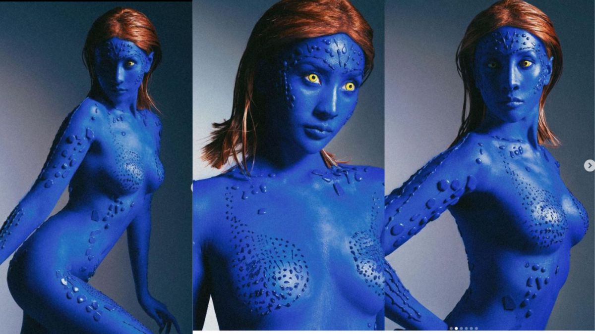 Kolese foto Anya Geraldine dengan kostum Mystique X-Men rayakan malam Halloween. [Instagram/anyageraldine]