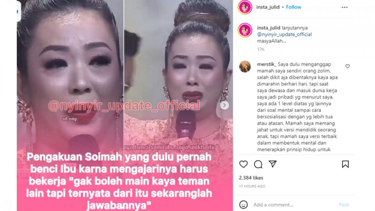 Tangkap layar viralnya pengakuan Soimah yang benci sang ibu namun kini dirinya baru menyadari maksud dari didikan sang ibu hingga berbuah hasil kesuksesan. [Instagram/insta_julid]
