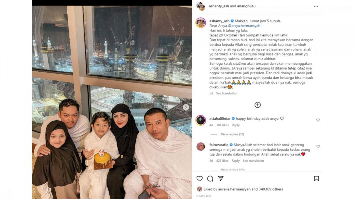 Tangkapan layar postingan Instagram Ashanty yang rayakan ulang tahun ke-6 Arsya, Putra Anang Hermansyah. [Instagram/ashanty_ash]