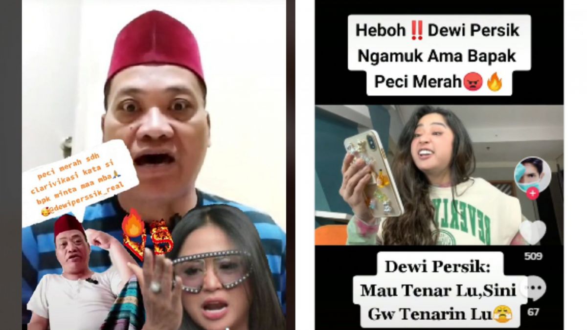 Kolase foto Dewi Perssik yang terlihat kesal kepada Pria Peci Merah yang hujat habis sang pedangdut senior. [TikTok]